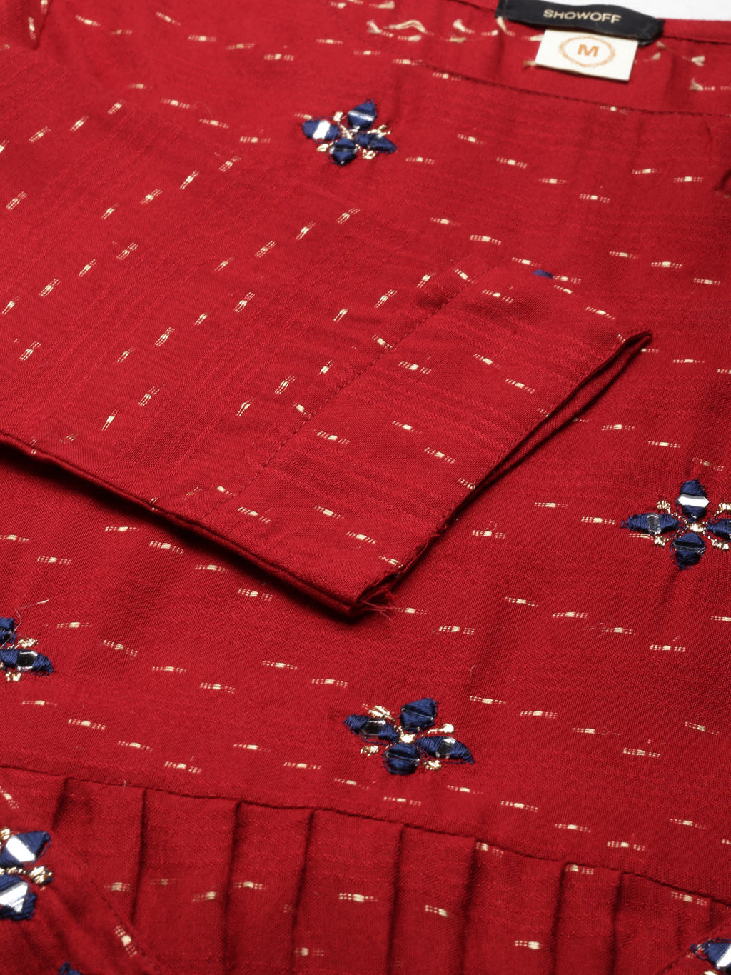 Women's Maroon Floral Embroidered Cotton Fit & Flare Kurta