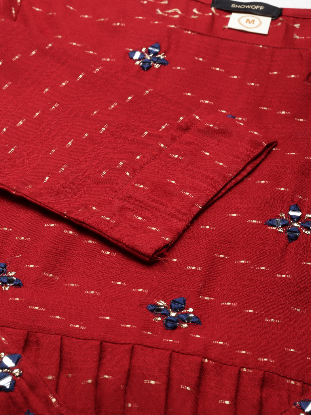 Women's Maroon Floral Embroidered Cotton Fit & Flare Kurta