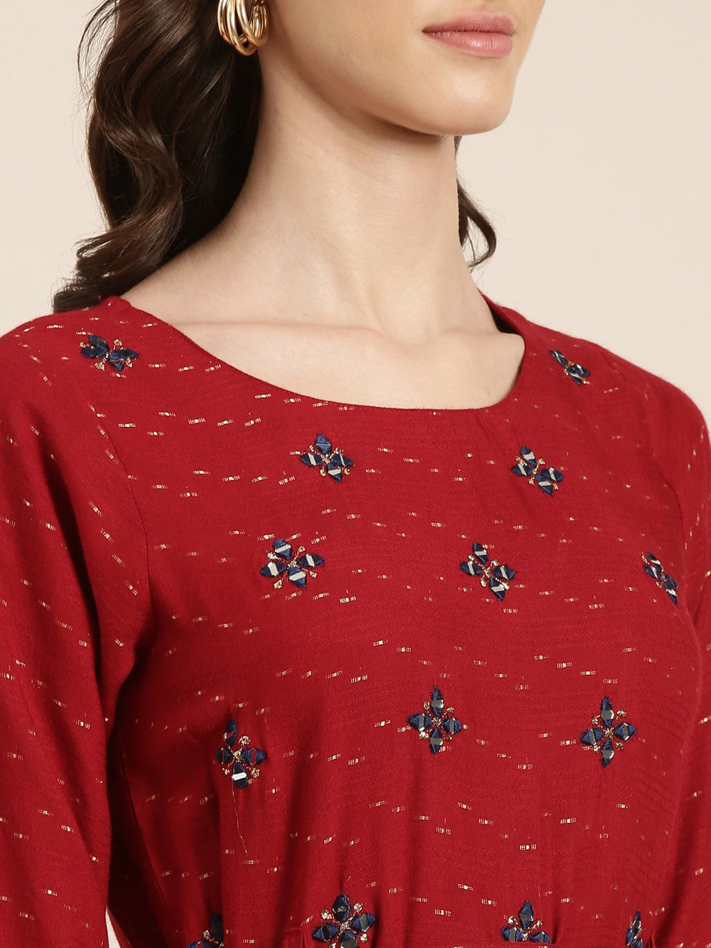 Women's Maroon Floral Embroidered Cotton Fit & Flare Kurta