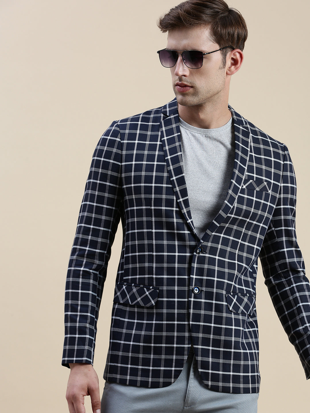 Men's Navy Blue Checked Slim-Fit Single Breasted Casual Blazers