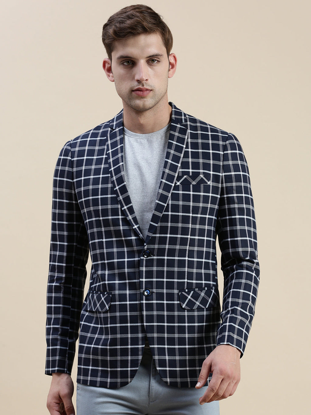 Men's Navy Blue Checked Slim-Fit Single Breasted Casual Blazers