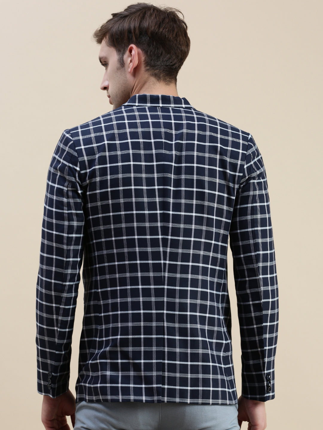 Men's Navy Blue Checked Slim-Fit Single Breasted Casual Blazers