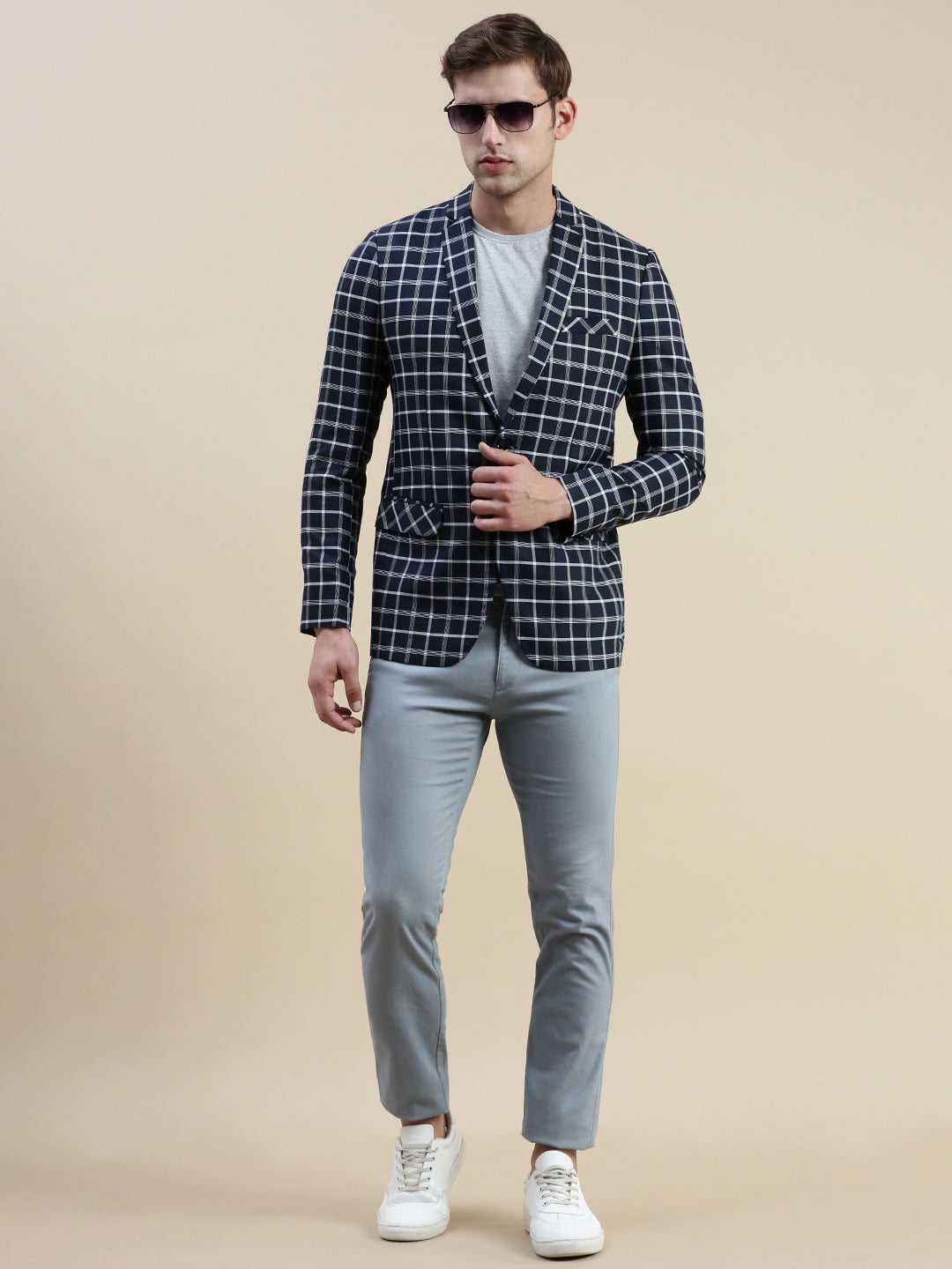Men's Navy Blue Checked Slim-Fit Single Breasted Casual Blazers
