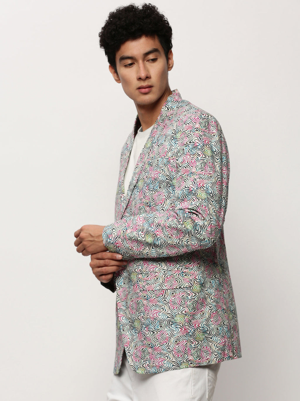 Men's White Abstract Printed Slim-Fit Single-Breasted Cotton Blazer