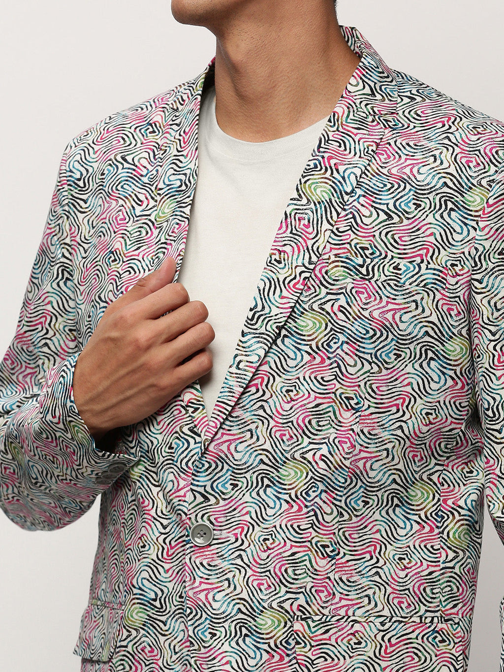 Men's White Abstract Printed Slim-Fit Single-Breasted Cotton Blazer