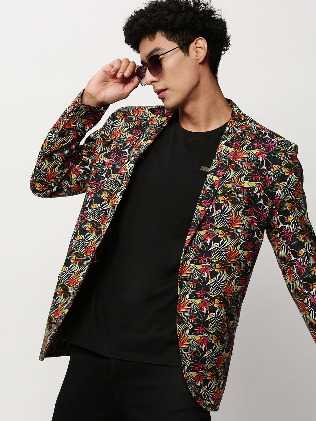 Men's Black Abstract Printed Slim Fit Single-Breasted Cotton Blazer