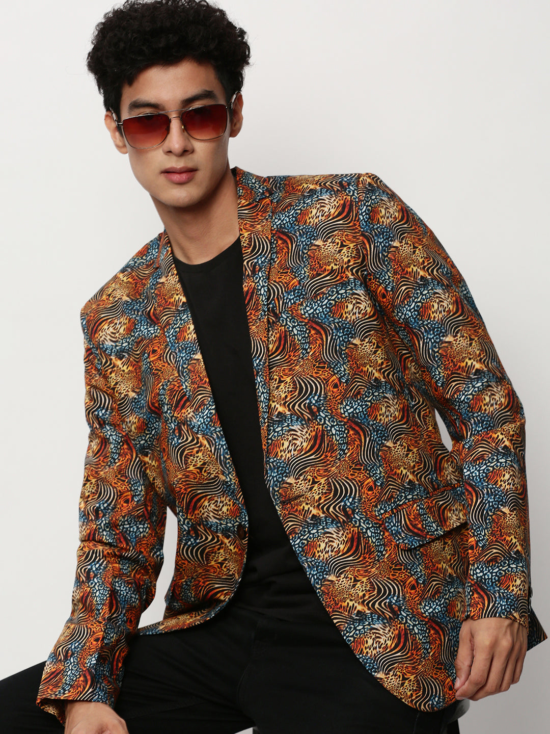 Men's Orange Animal Printed Slim-Fit Notched Lapel Collar Single Cotton Breasted Blazer