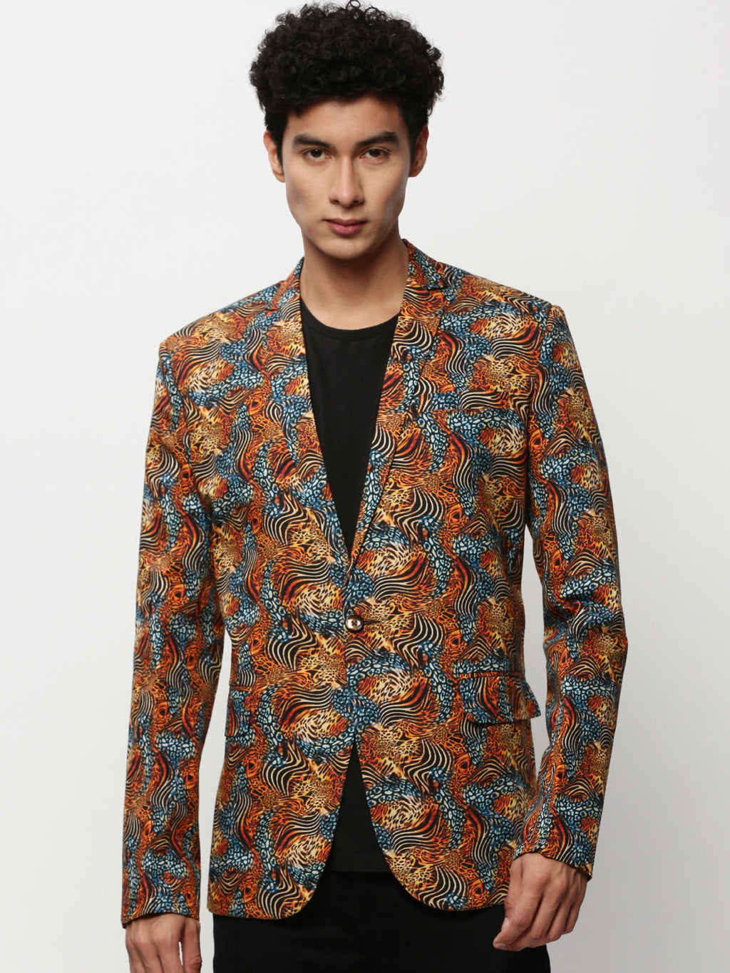 Men's Orange Animal Printed Slim-Fit Notched Lapel Collar Single Cotton Breasted Blazer