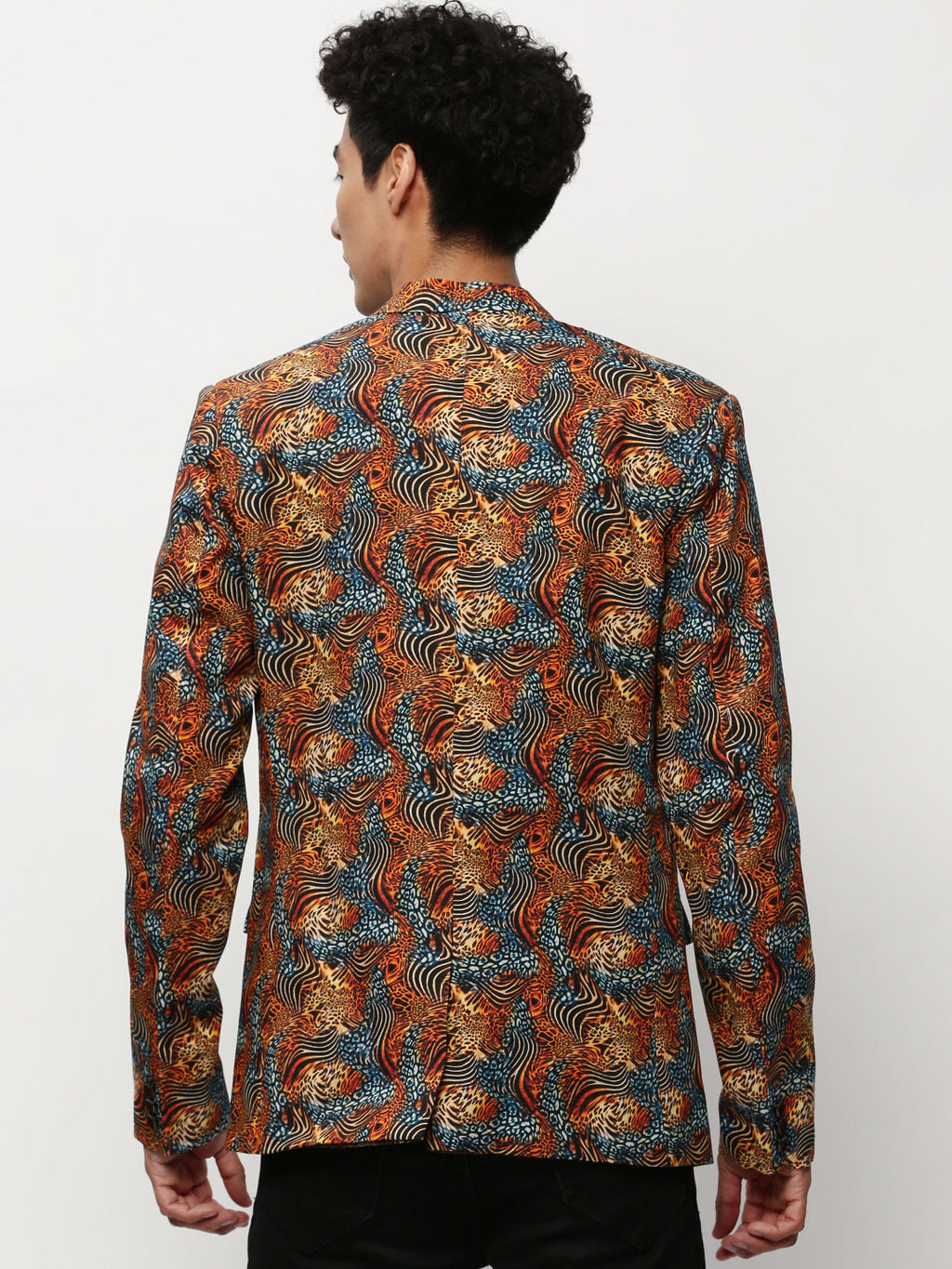 Men's Orange Animal Printed Slim-Fit Notched Lapel Collar Single Cotton Breasted Blazer