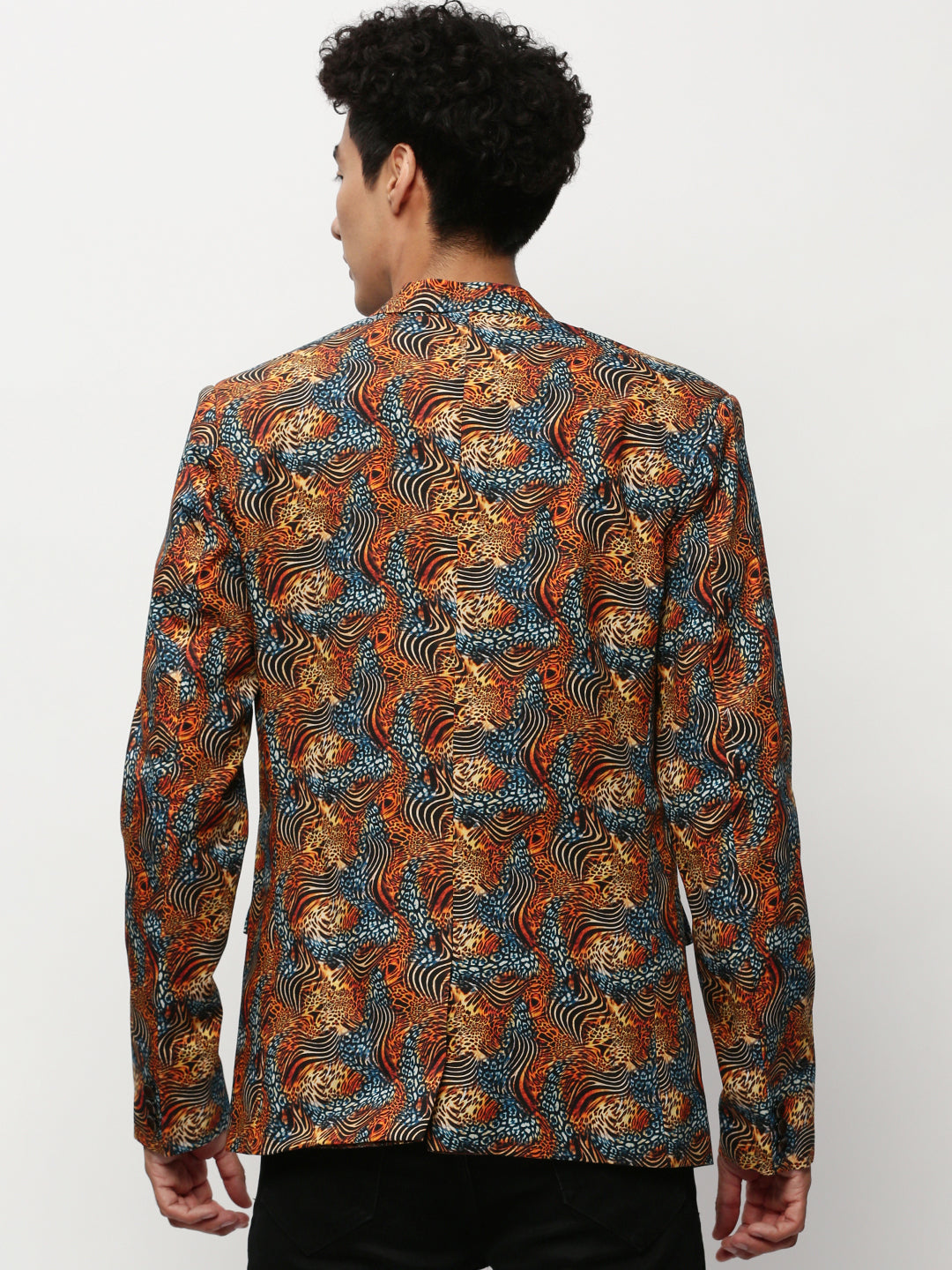 Men's Orange Animal Printed Slim-Fit Notched Lapel Collar Single Cotton Breasted Blazer