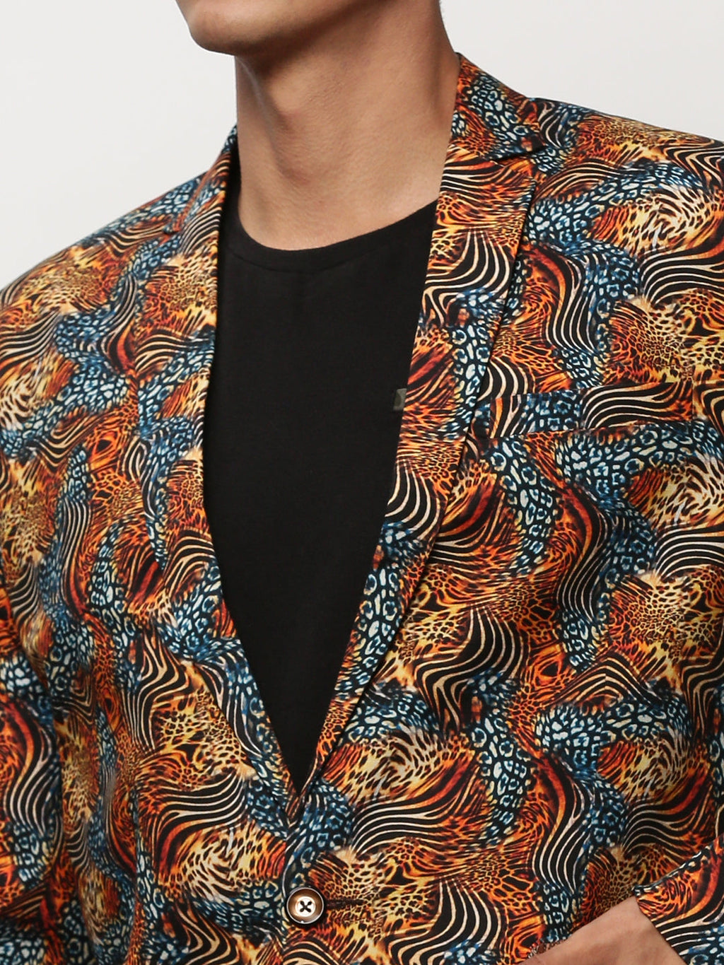 Men's Orange Animal Printed Slim-Fit Notched Lapel Collar Single Cotton Breasted Blazer