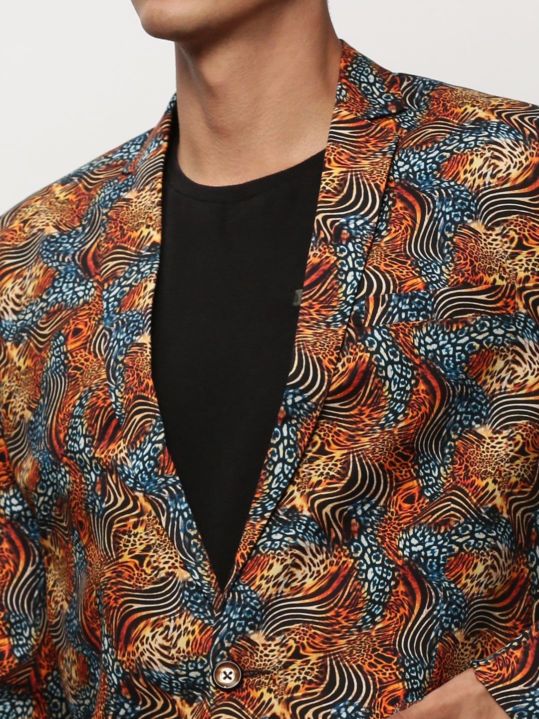 Men's Orange Animal Printed Slim-Fit Notched Lapel Collar Single Cotton Breasted Blazer