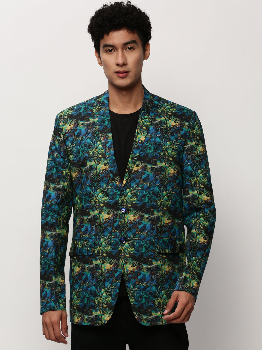 Men's Blue Printed Slim-Fit Cotton Single Breasted Blazer