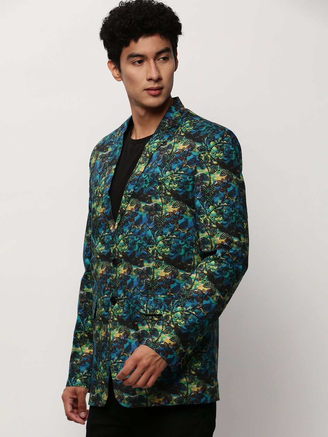 Men's Blue Printed Slim-Fit Cotton Single Breasted Blazer