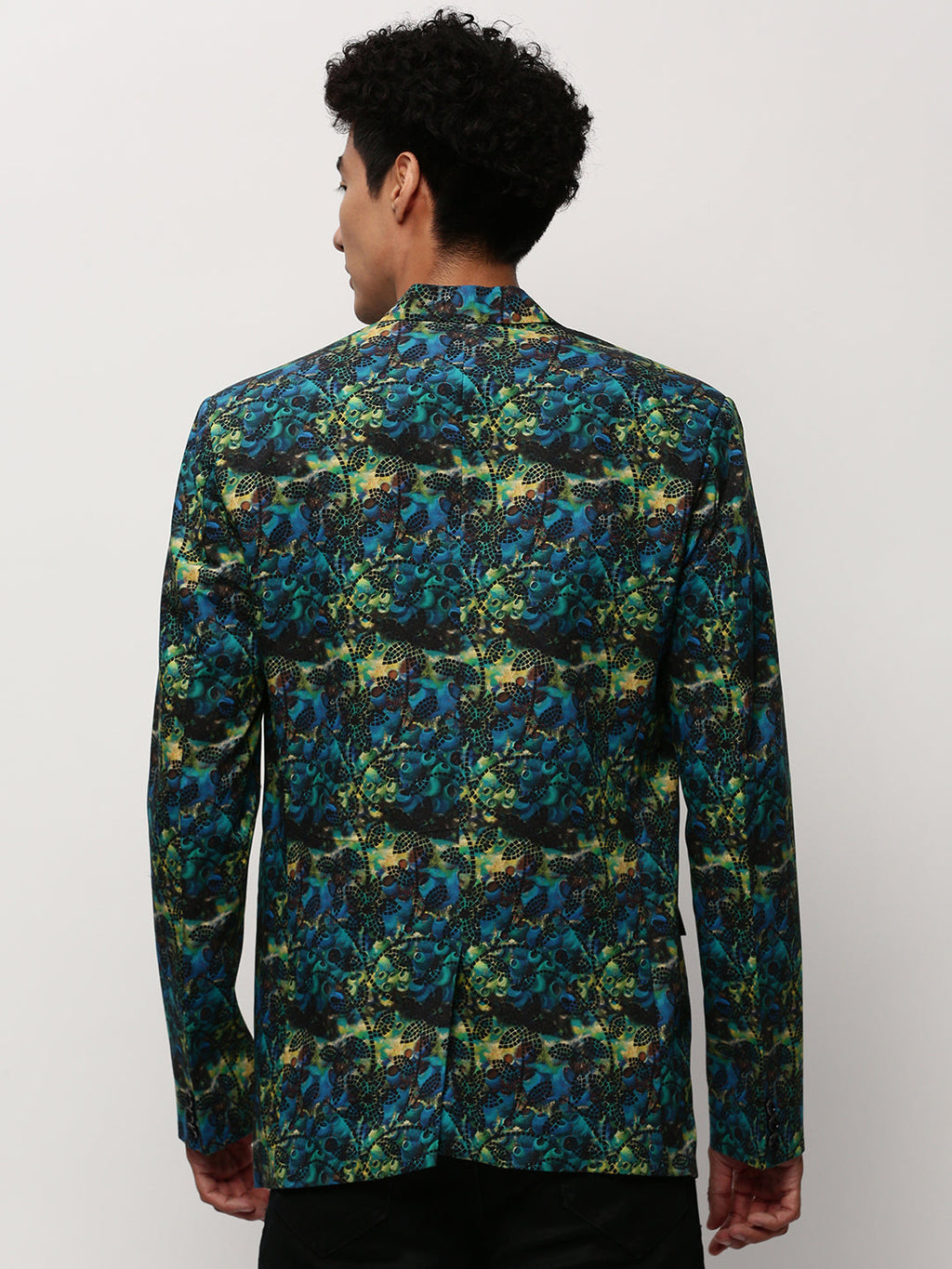 Men's Blue Printed Slim-Fit Cotton Single Breasted Blazer