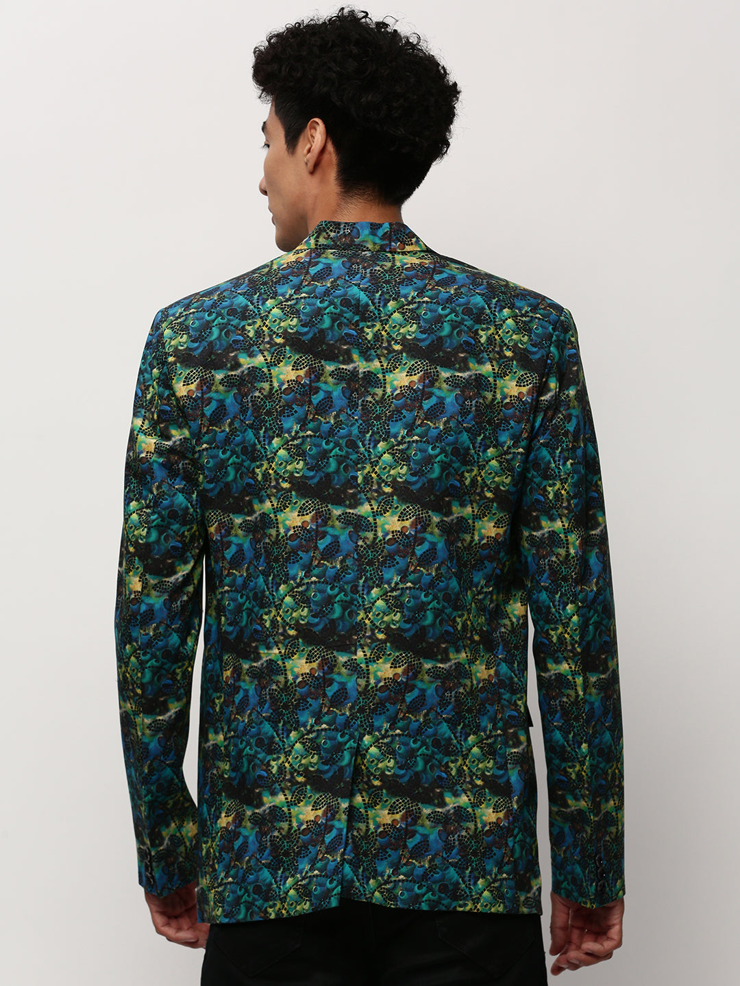 Men's Blue Printed Slim-Fit Cotton Single Breasted Blazer