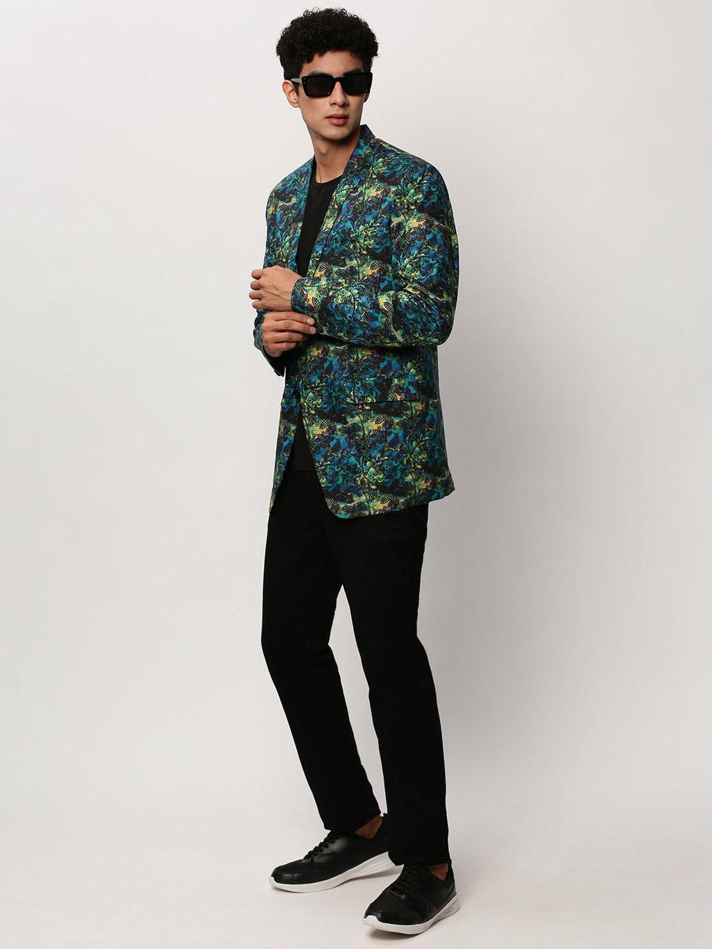 Men's Blue Printed Slim-Fit Cotton Single Breasted Blazer