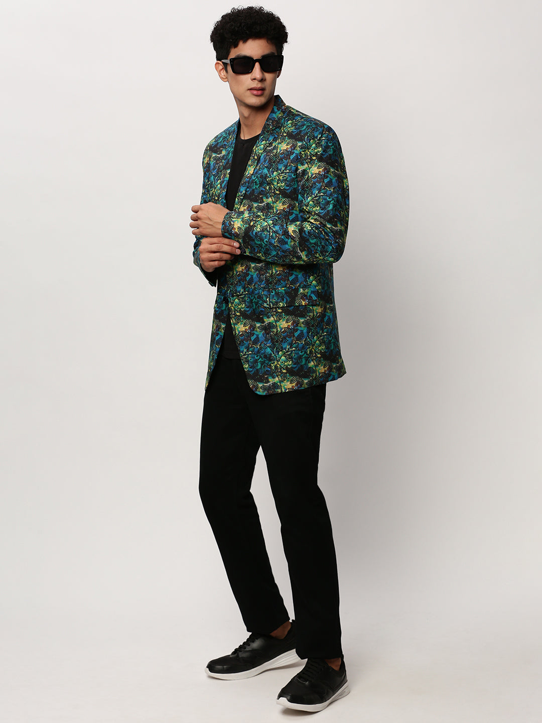 Men's Blue Printed Slim-Fit Cotton Single Breasted Blazer