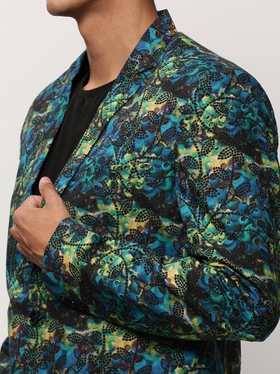 Men's Blue Printed Slim-Fit Cotton Single Breasted Blazer