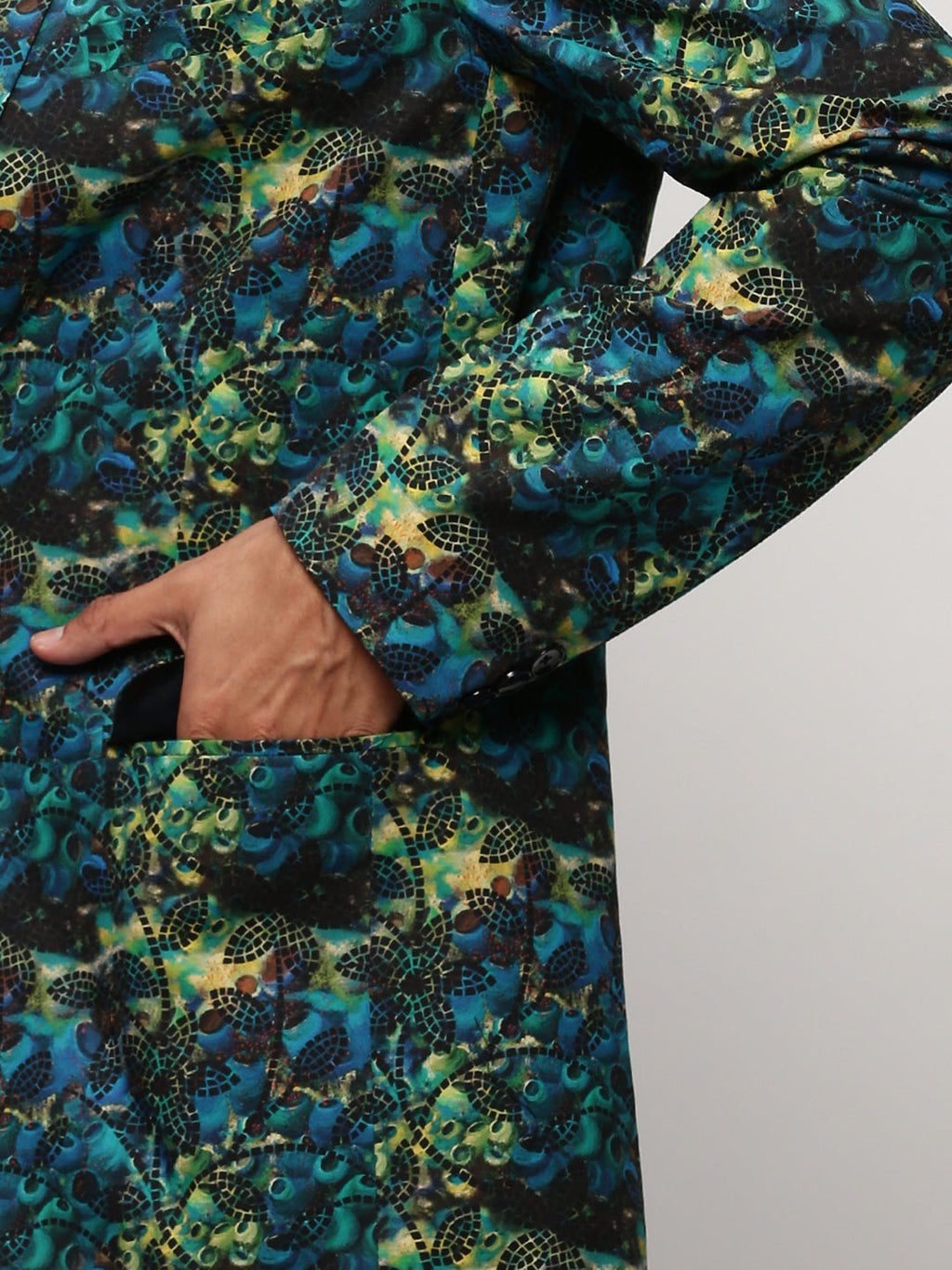 Men's Blue Printed Slim-Fit Cotton Single Breasted Blazer