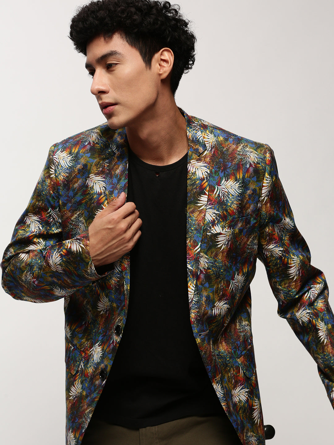 Men's Multi Slim-Fit Printed Notched Lapel Collar Single Breasted Cotton Casual Blazer