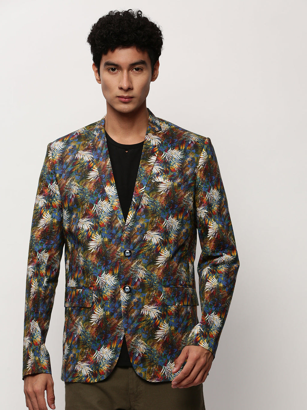 Men's Multi Slim-Fit Printed Notched Lapel Collar Single Breasted Cotton Casual Blazer