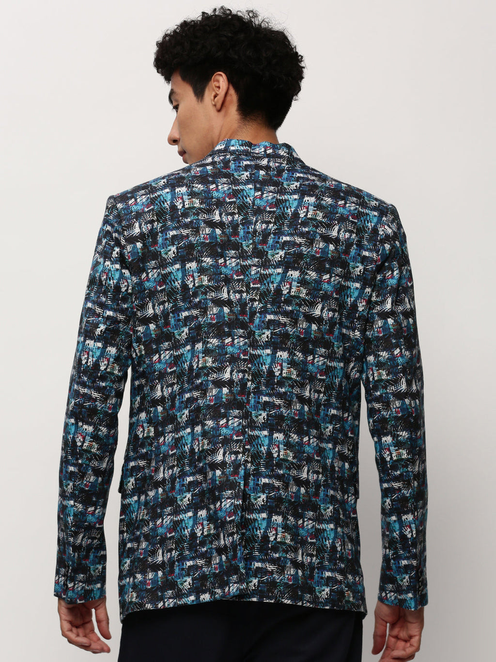 Men's Blue Printed Notched Lapel Collar Single Breasted Slim-Fit Cotton Casual Blazer