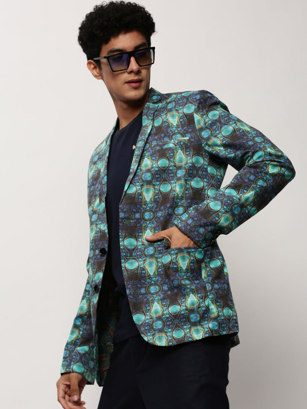 Men's Turquoise Blue Abstract Printed Slim-Fit Single Breasted Cotton Blazer