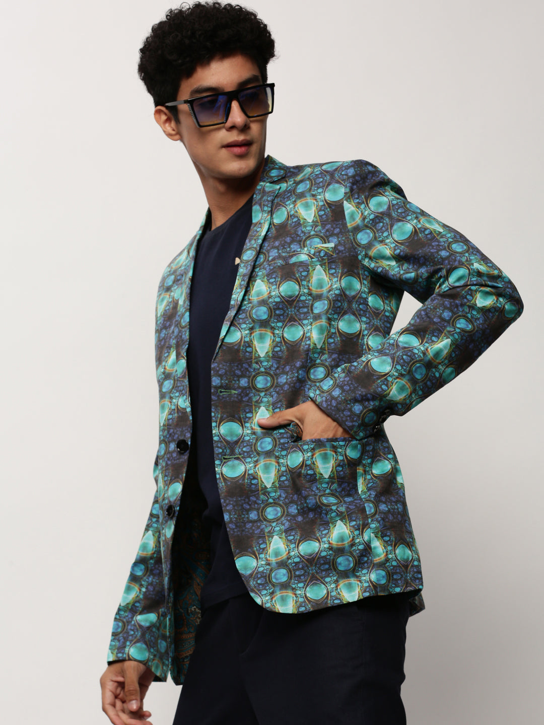 Men's Turquoise Blue Abstract Printed Slim-Fit Single Breasted Cotton Blazer