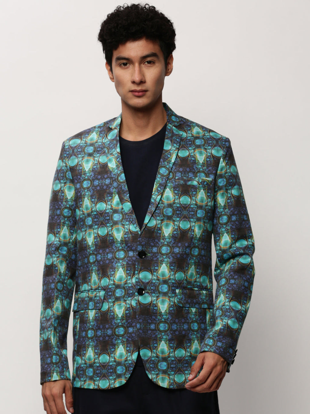Men's Turquoise Blue Abstract Printed Slim-Fit Single Breasted Cotton Blazer