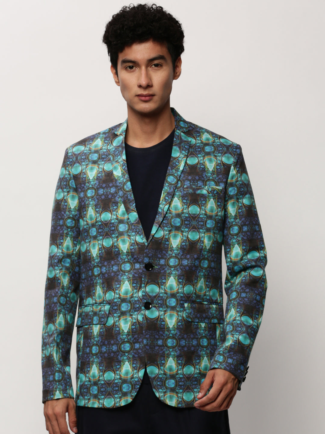 Men's Turquoise Blue Abstract Printed Slim-Fit Single Breasted Cotton Blazer