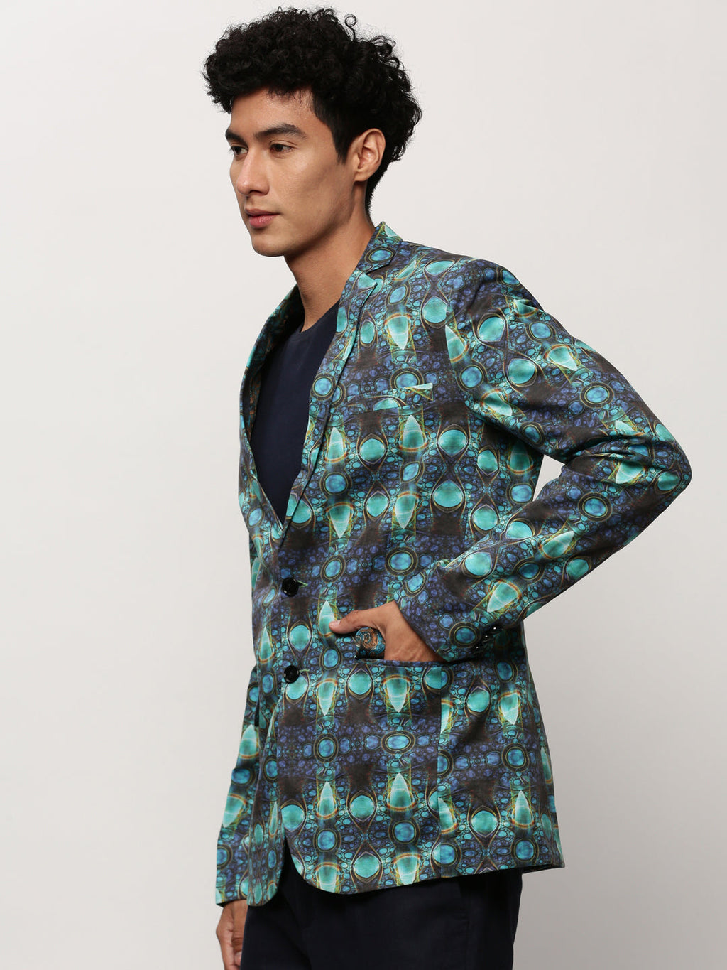 Men's Turquoise Blue Abstract Printed Slim-Fit Single Breasted Cotton Blazer