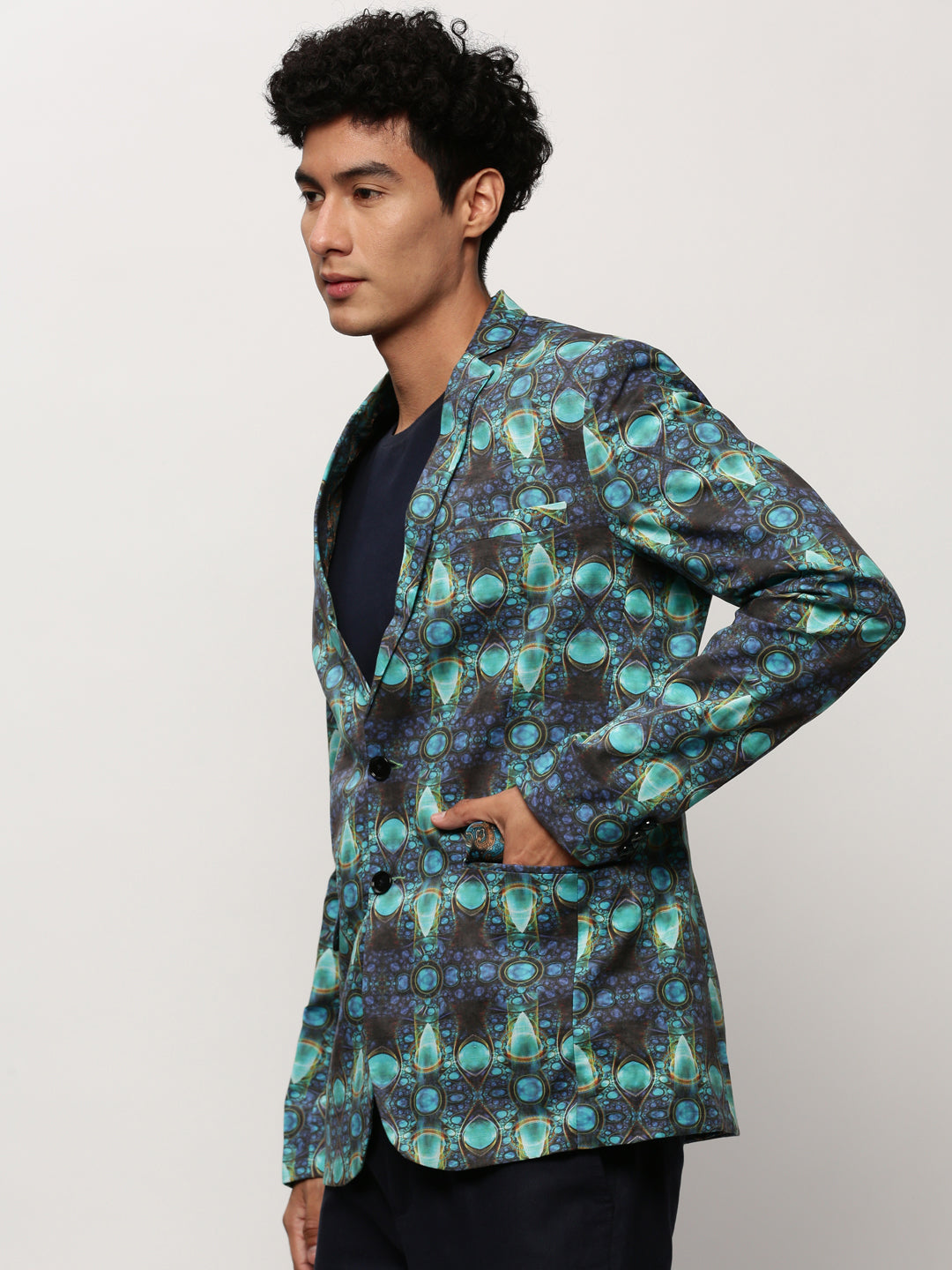Men's Turquoise Blue Abstract Printed Slim-Fit Single Breasted Cotton Blazer