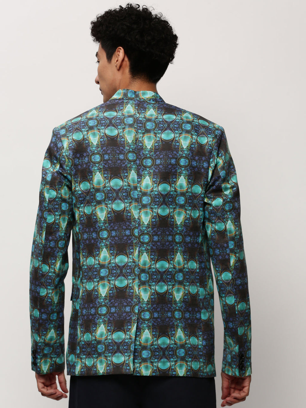 Men's Turquoise Blue Abstract Printed Slim-Fit Single Breasted Cotton Blazer