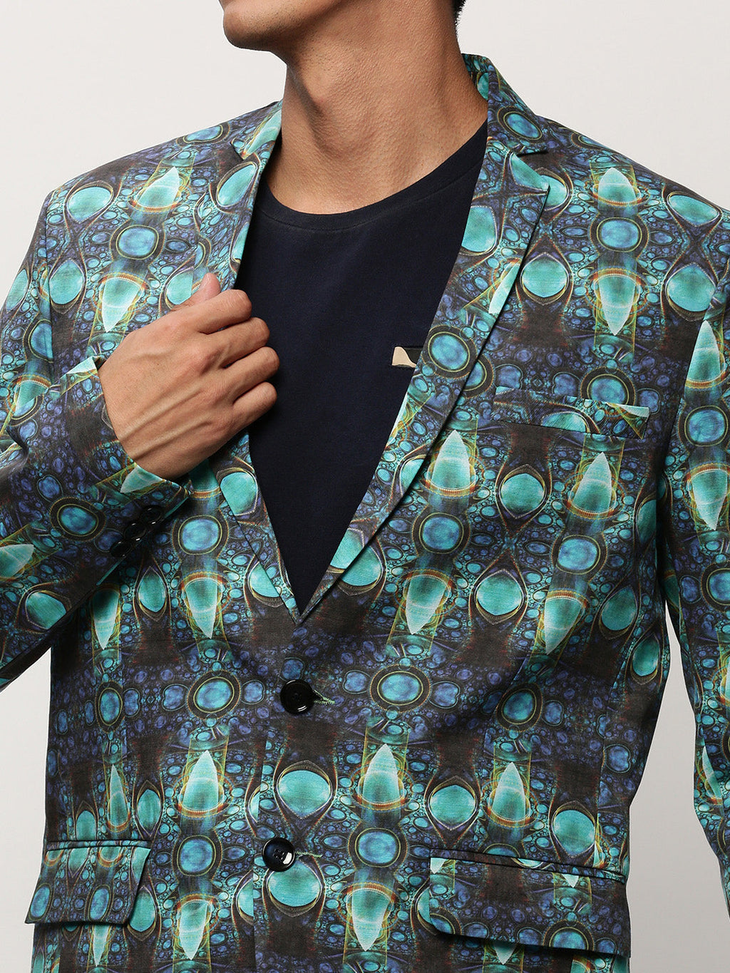 Men's Turquoise Blue Abstract Printed Slim-Fit Single Breasted Cotton Blazer