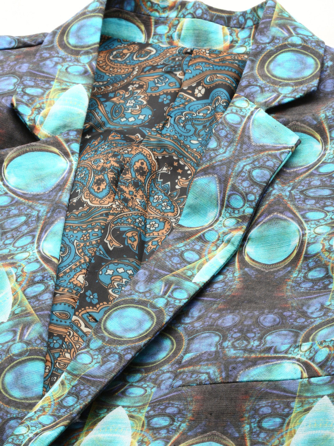 Men's Turquoise Blue Abstract Printed Slim-Fit Single Breasted Cotton Blazer