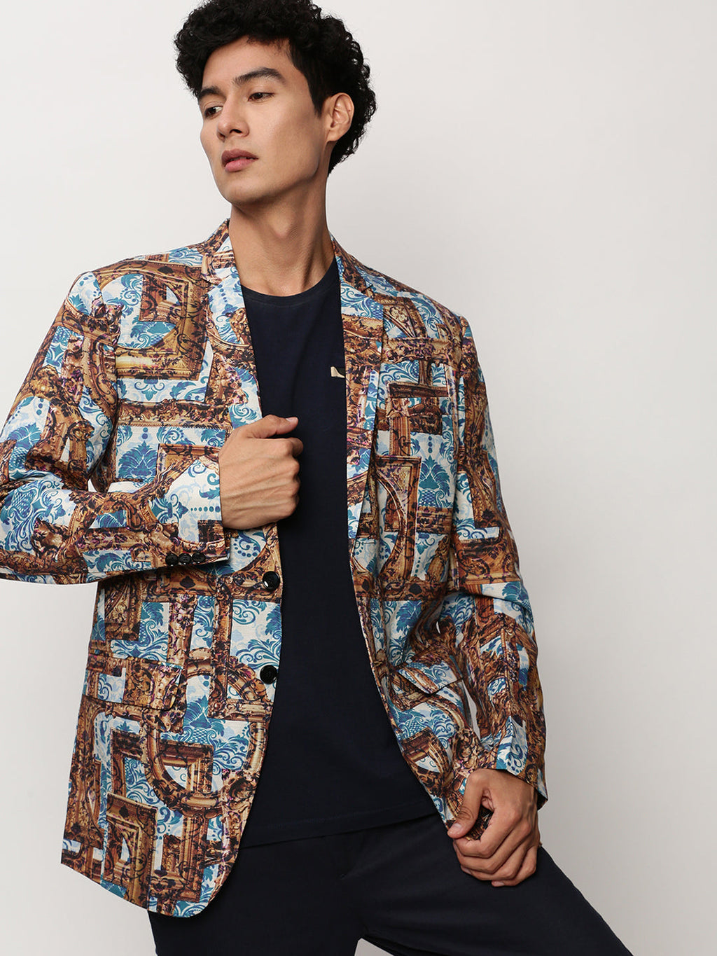 Men's Brown Printed Notched Lapel Single Breasted Blazer