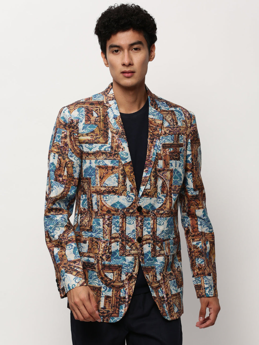 Men's Brown Printed Notched Lapel Single Breasted Blazer