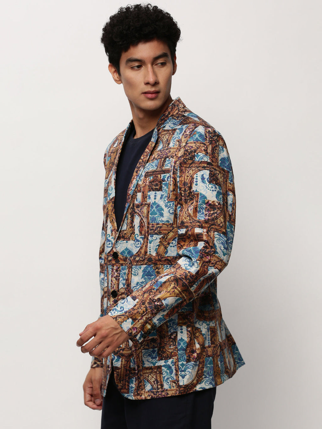 Men's Brown Printed Notched Lapel Single Breasted Blazer
