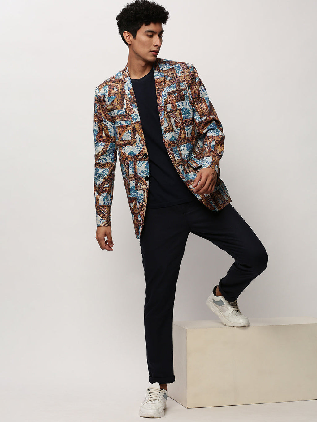 Men's Brown Printed Notched Lapel Single Breasted Blazer