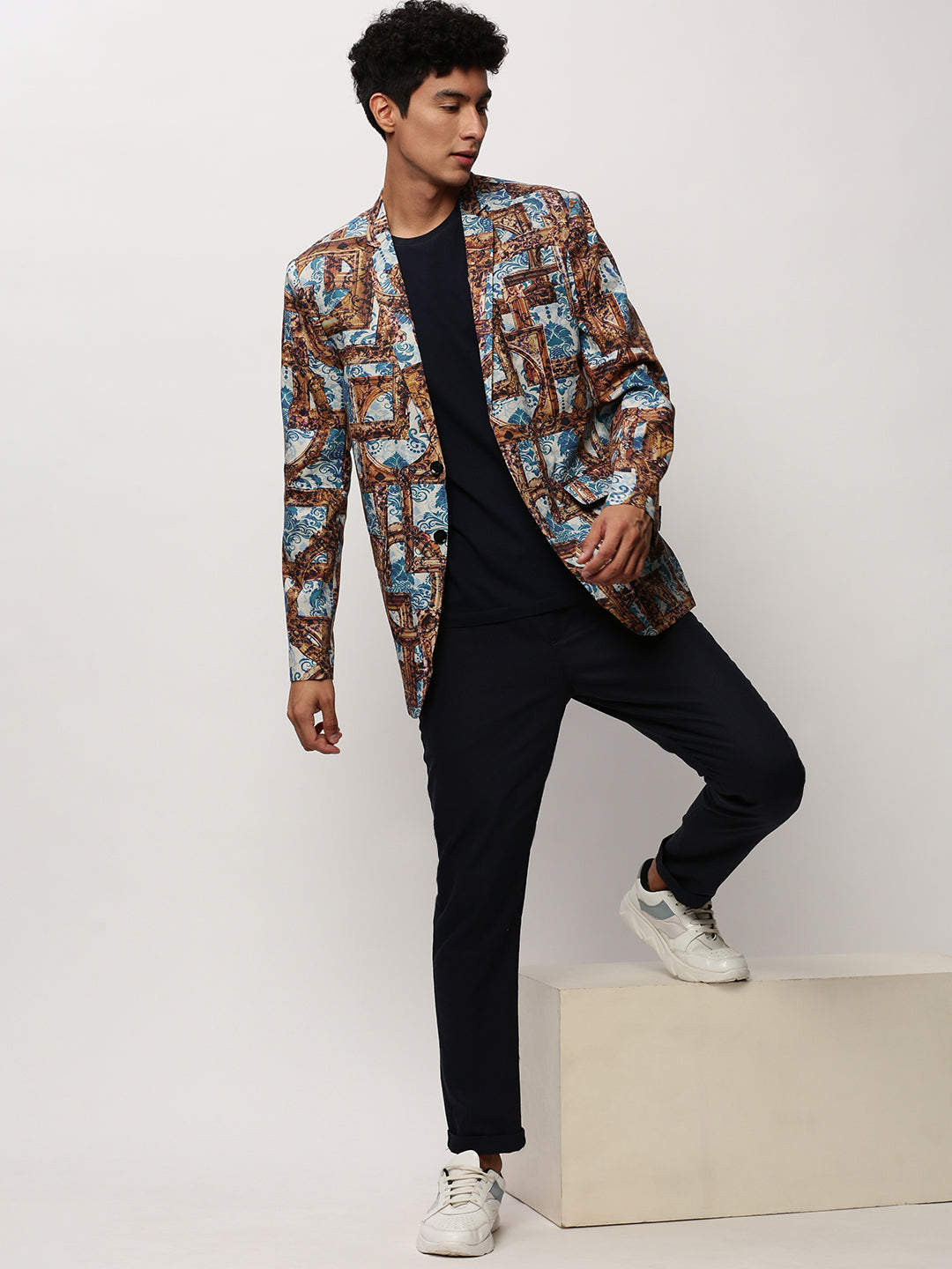 Men's Brown Printed Notched Lapel Single Breasted Blazer