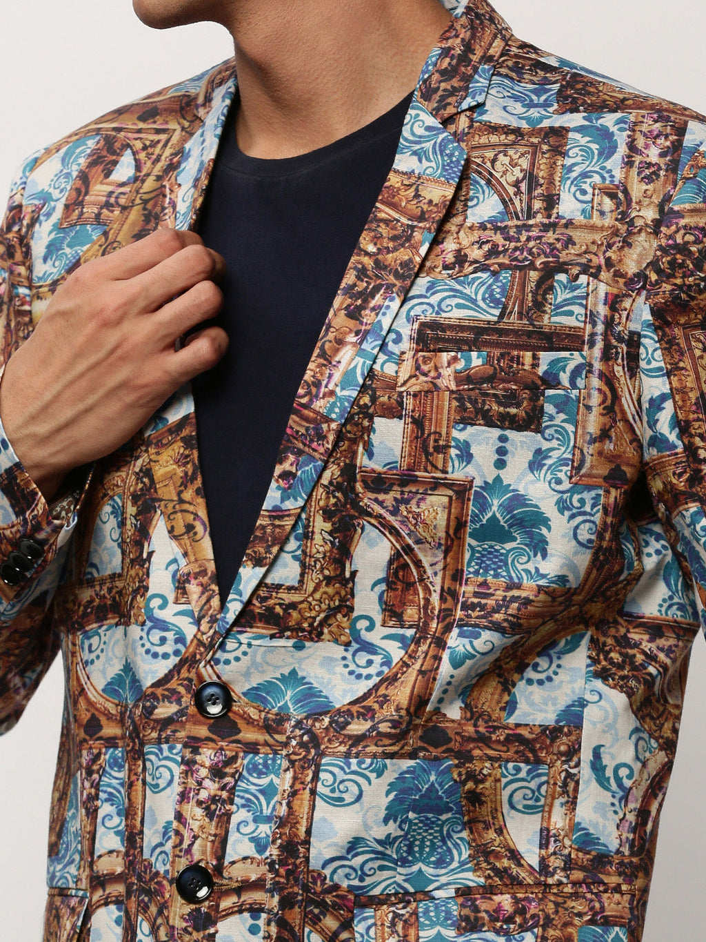 Men's Brown Printed Notched Lapel Single Breasted Blazer
