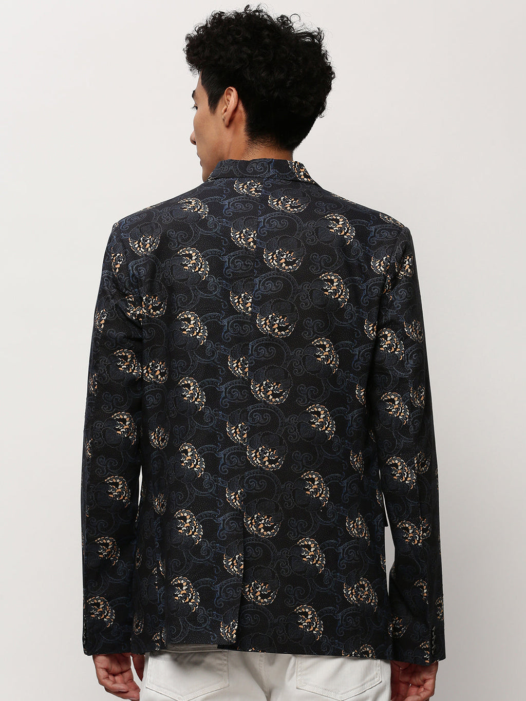 Men's Black Printed Notched Lapel Single Breasted Blazer