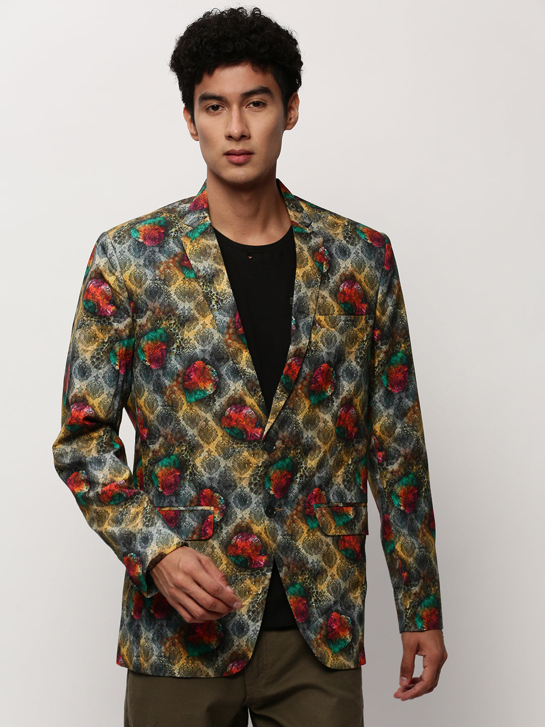 Men's Grey Ethnic Motifs Printed Slim-Fit Single Breasted Cotton Blazer