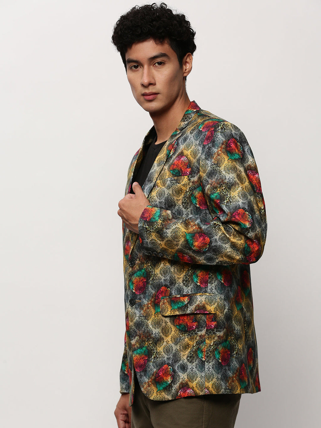 Men's Grey Ethnic Motifs Printed Slim-Fit Single Breasted Cotton Blazer