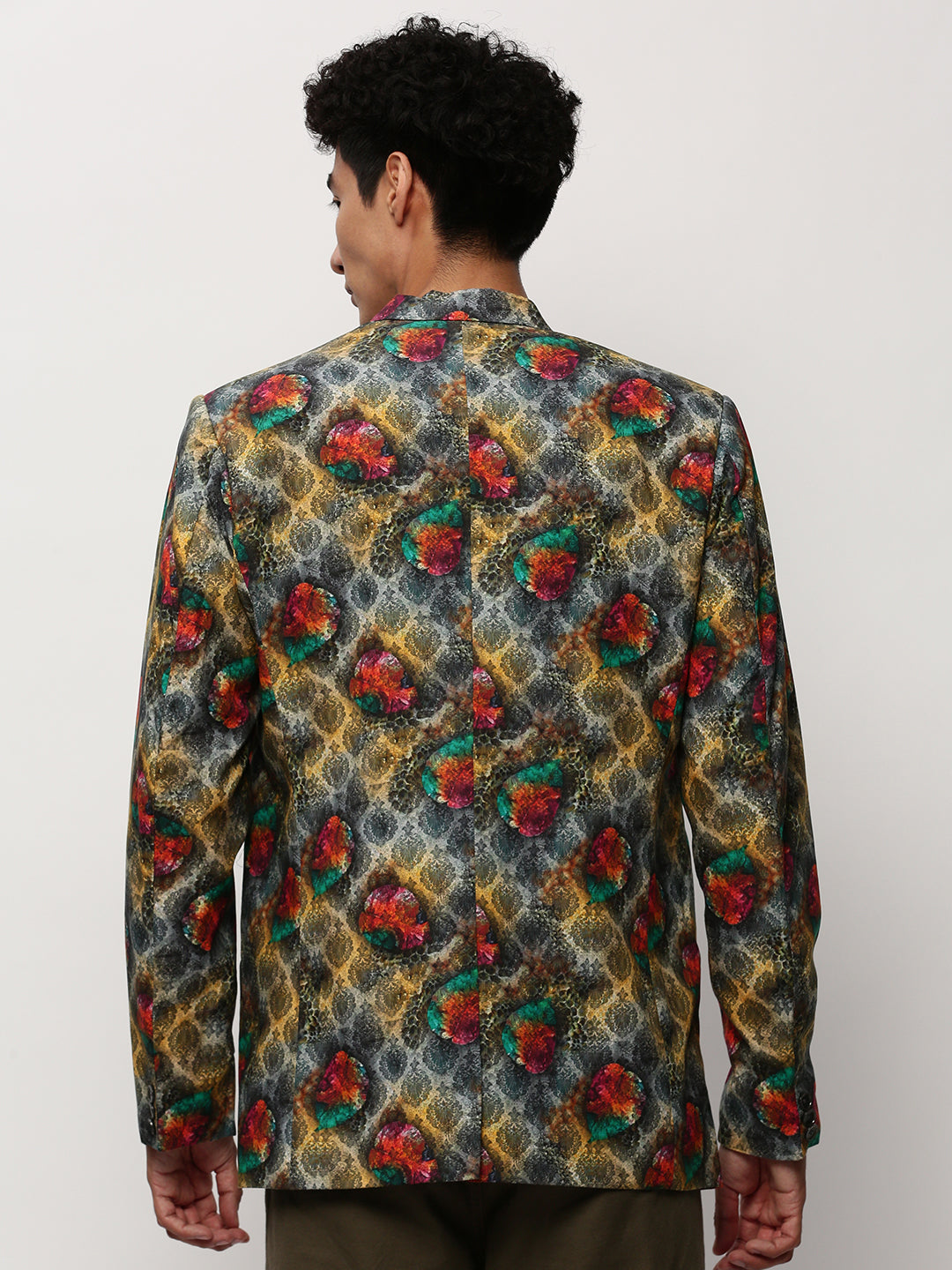 Men's Grey Ethnic Motifs Printed Slim-Fit Single Breasted Cotton Blazer