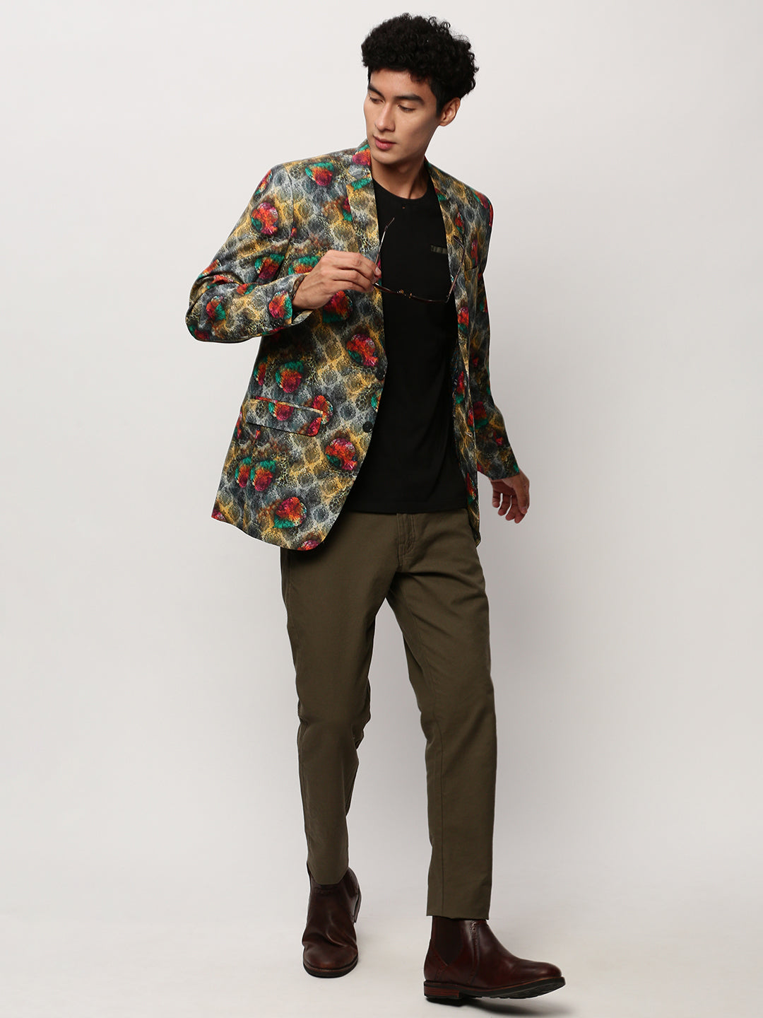 Men's Grey Ethnic Motifs Printed Slim-Fit Single Breasted Cotton Blazer