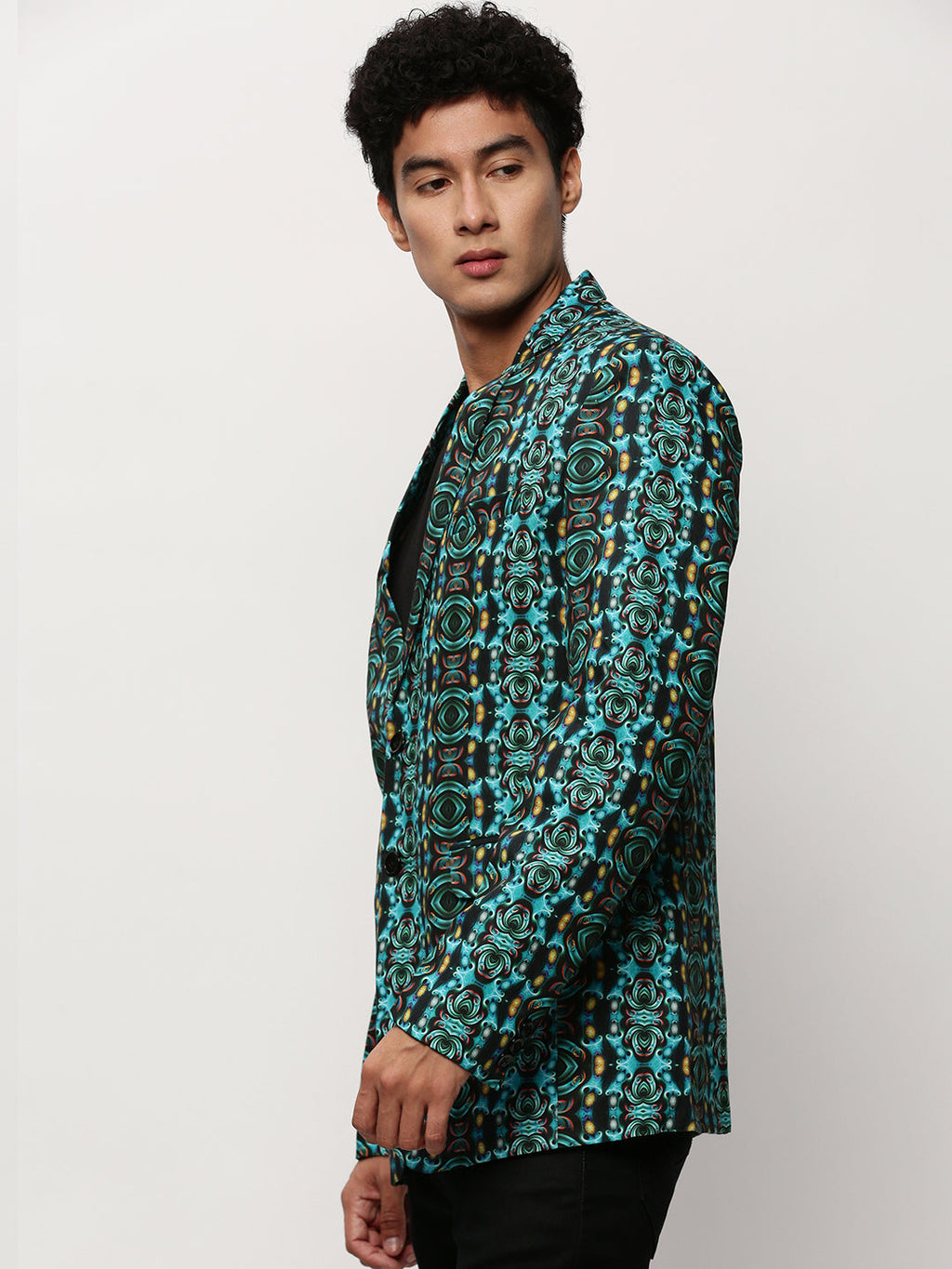 Men's Turquoise Blue Printed Slim-Fit Cotton Single Breasted Blazer