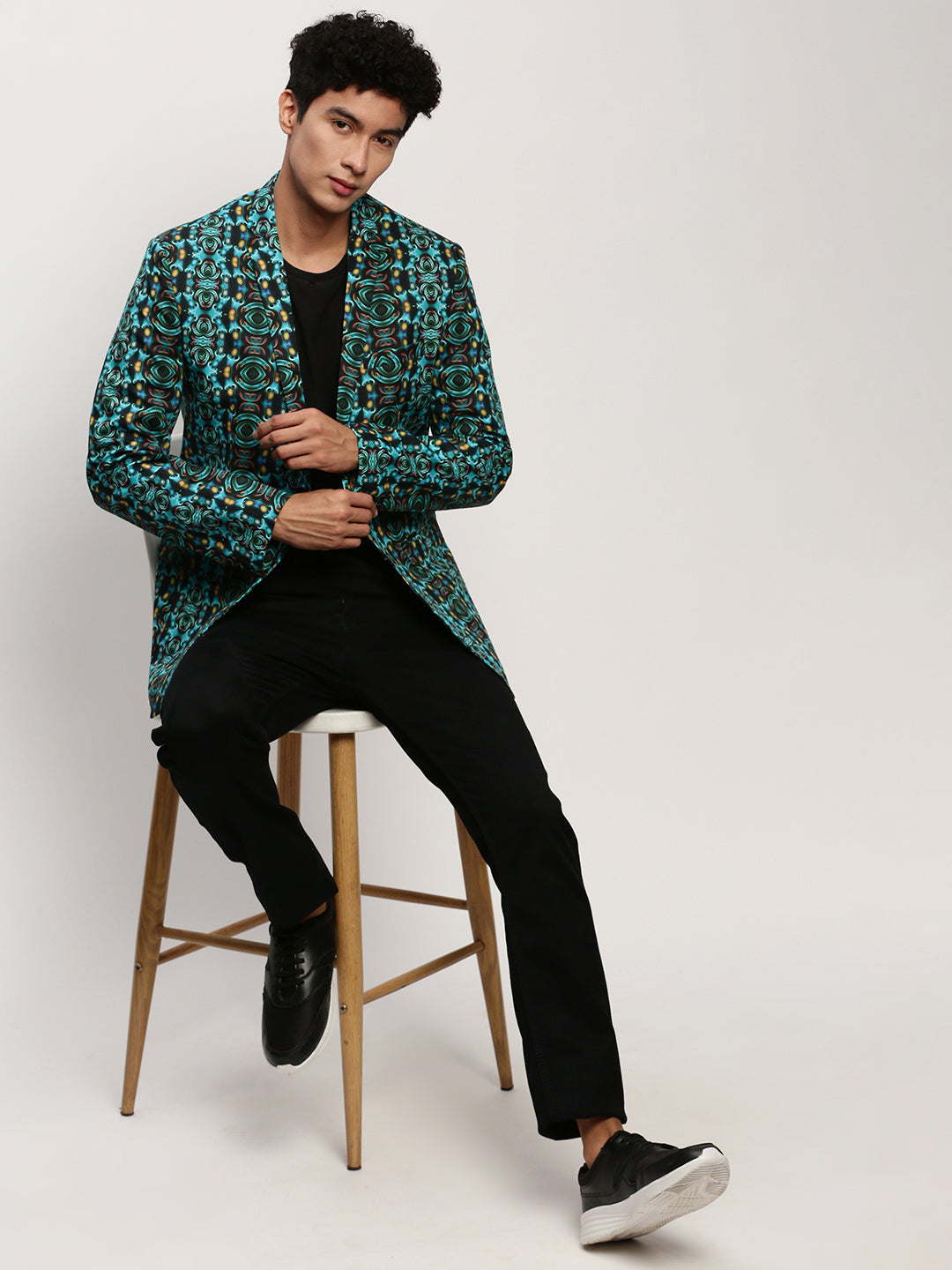 Men's Turquoise Blue Printed Slim-Fit Cotton Single Breasted Blazer