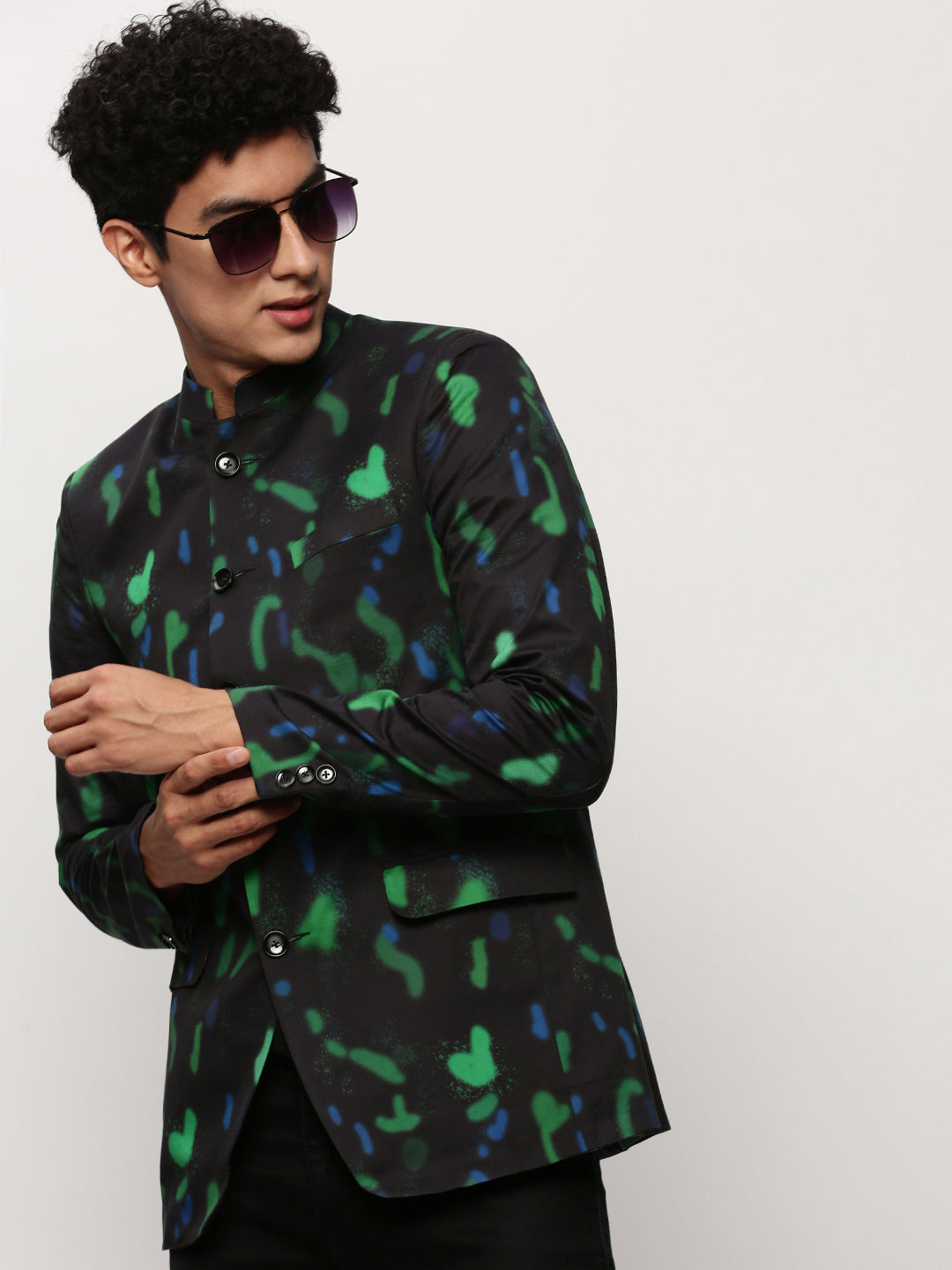 Men's Black Abstract Printed Slim-Fit Cotton Bandhgala Blazer